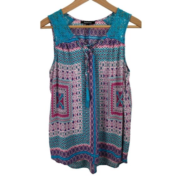 Relativity Womens Size Large Colorful Sleeveless Tank Top Shirt Lace Accents - Picture 1 of 9